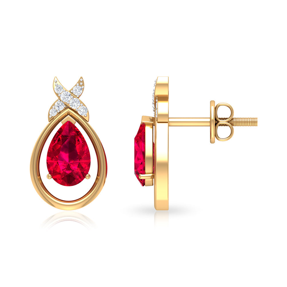 Lab Created Ruby Teardrop Stud Earrings with Diamonds