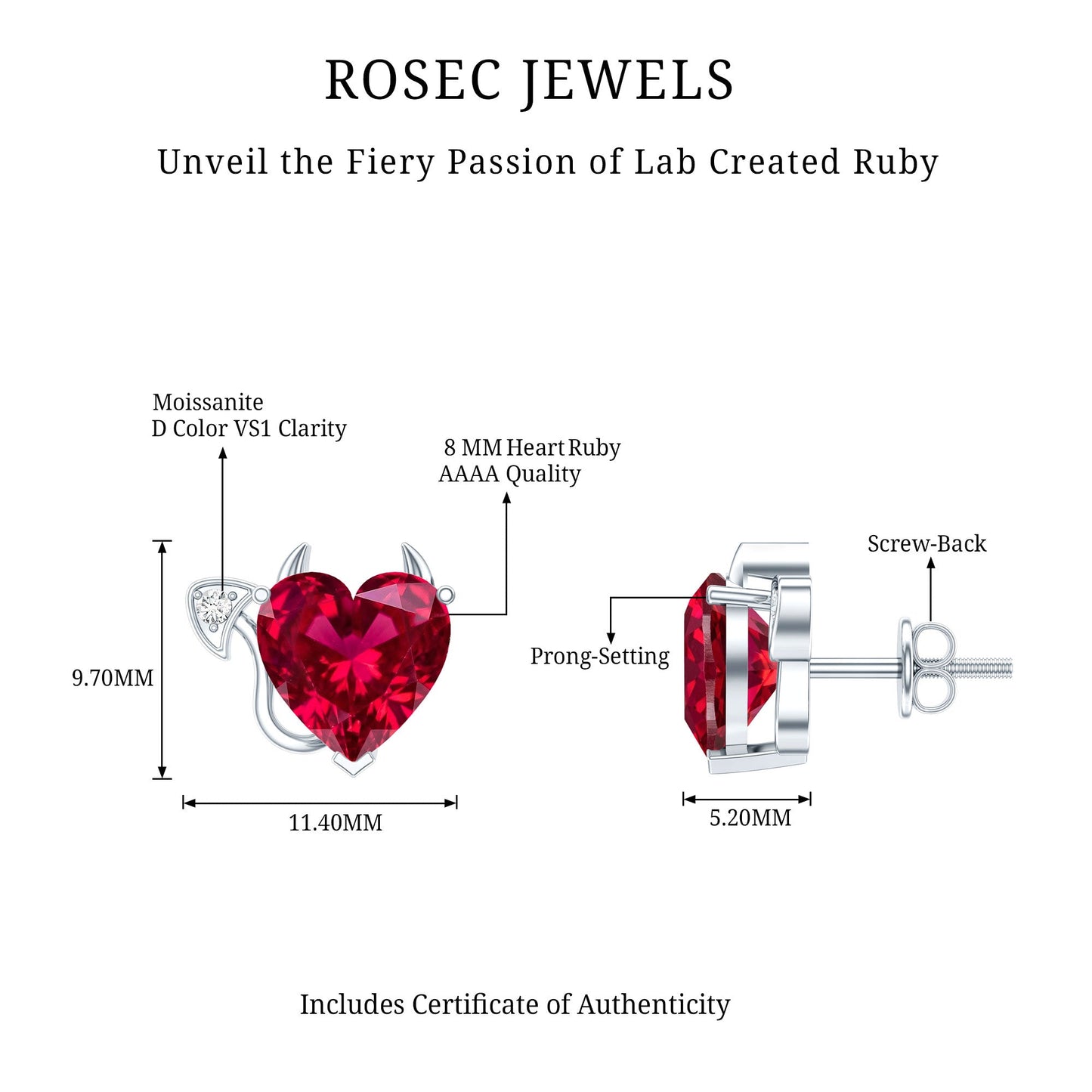 Certified 4 Carat Lab Grown Ruby Devil Heart Stud Earrings