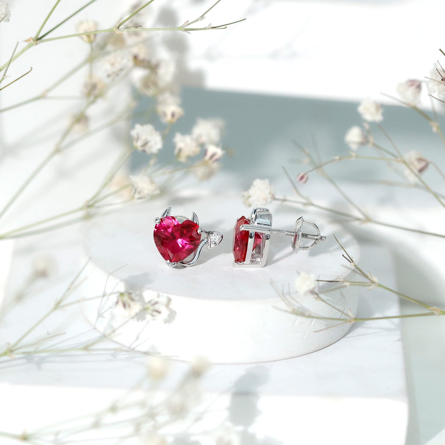Certified 4 Carat Lab Grown Ruby Devil Heart Stud Earrings