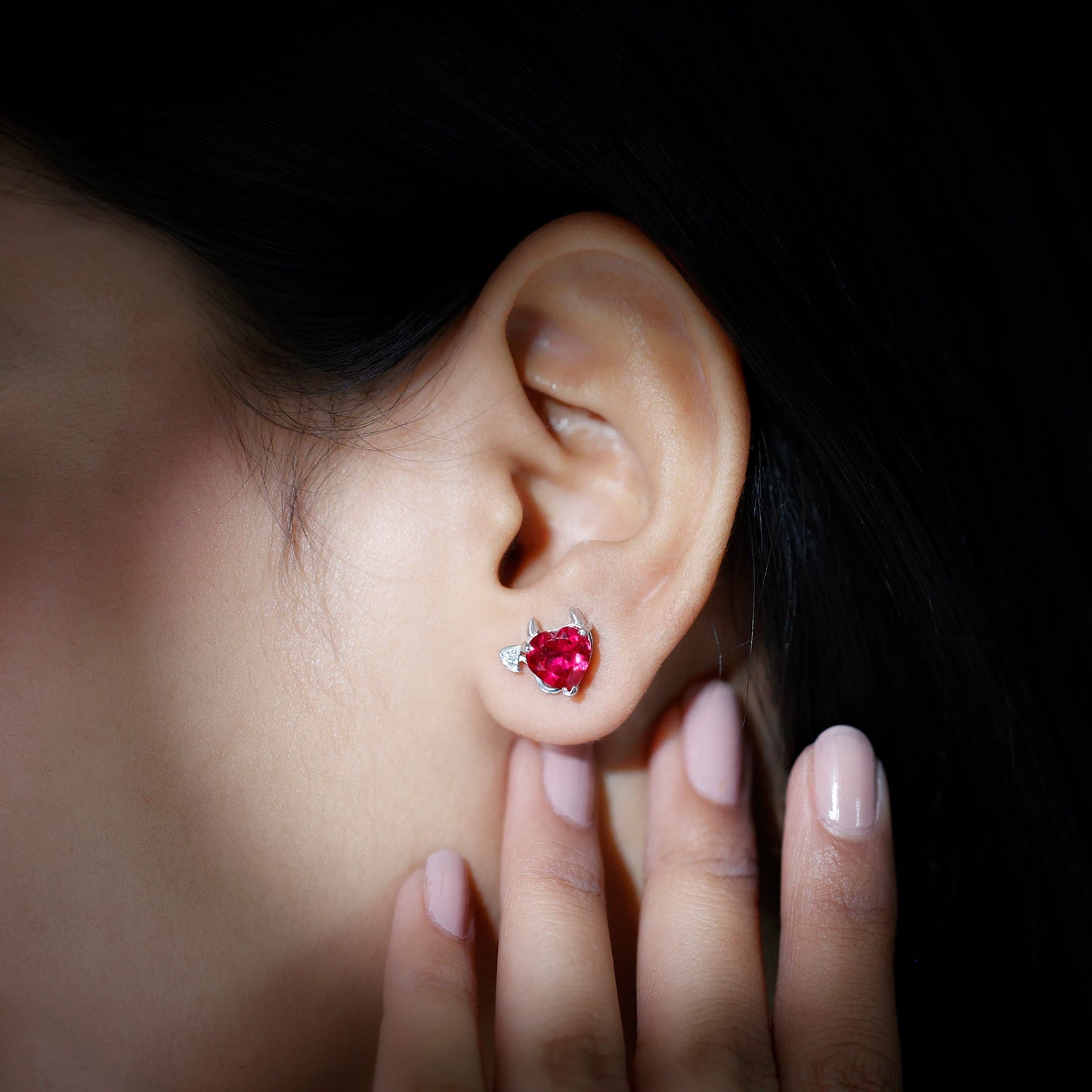 Certified 4 Carat Lab Grown Ruby Devil Heart Stud Earrings