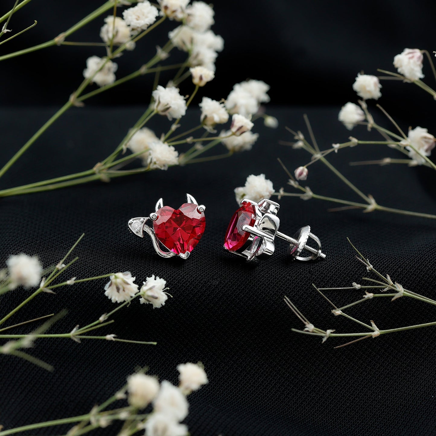Certified 4 Carat Lab Grown Ruby Devil Heart Stud Earrings