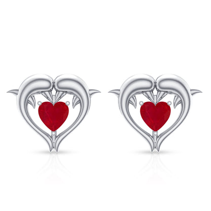 0.94 Carat Heart Shape Ruby Dolphin Stud Earrings