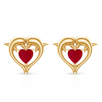 0.94 Carat Heart Shape Ruby Dolphin Stud Earrings