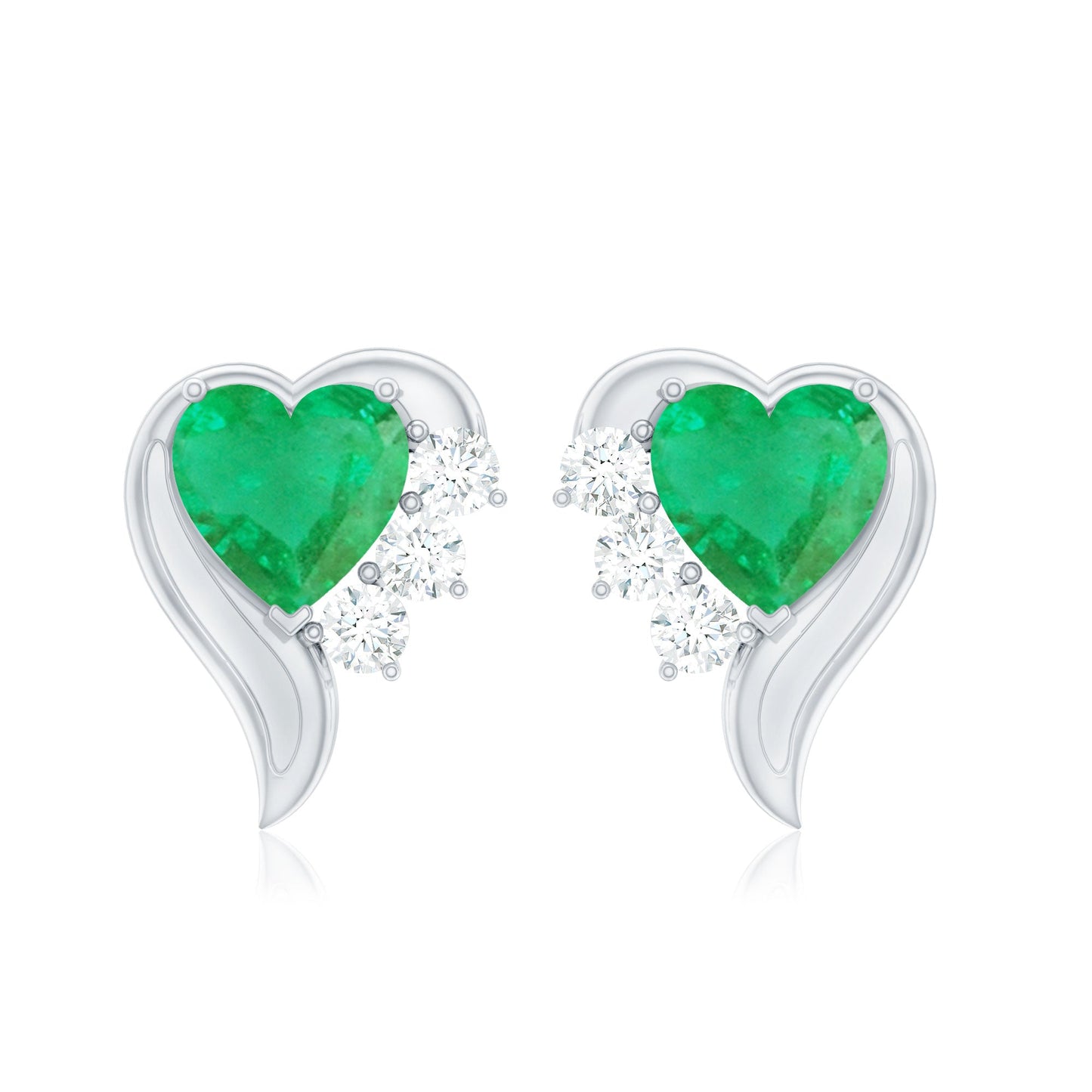 Real Emerald and Diamond Heart Stud Earrings
