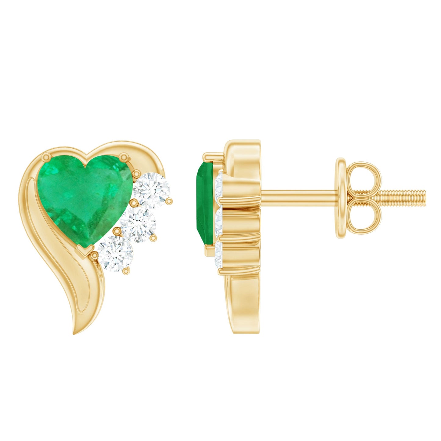 Real Emerald and Diamond Heart Stud Earrings