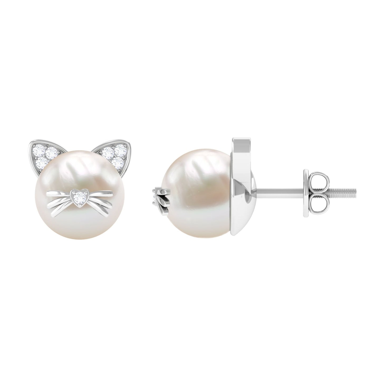 14.9 Carat Freshwater Pearl and Diamond Kitten Stud Earrings