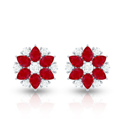 Pear Cut Ruby and Diamond Vintage Flower Earrings