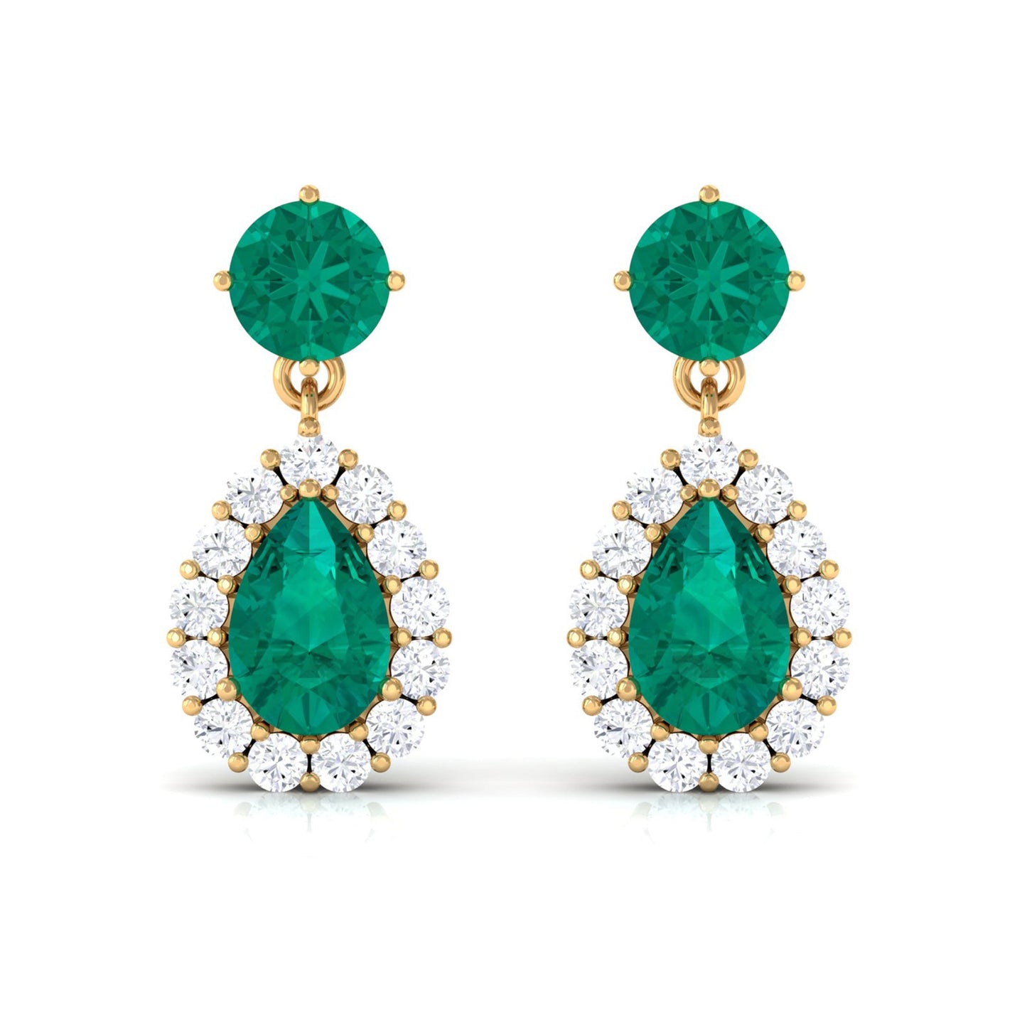 Natural Emerald Teardrop Earrings with Diamond Halo