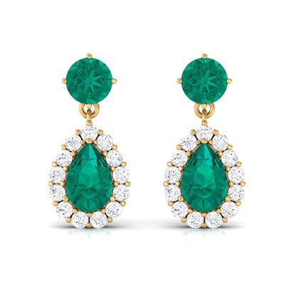 Natural Emerald Teardrop Earrings with Diamond Halo