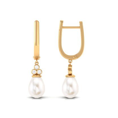 Cultured Freshwater Pearl Diamond Dangle Drop Earrings