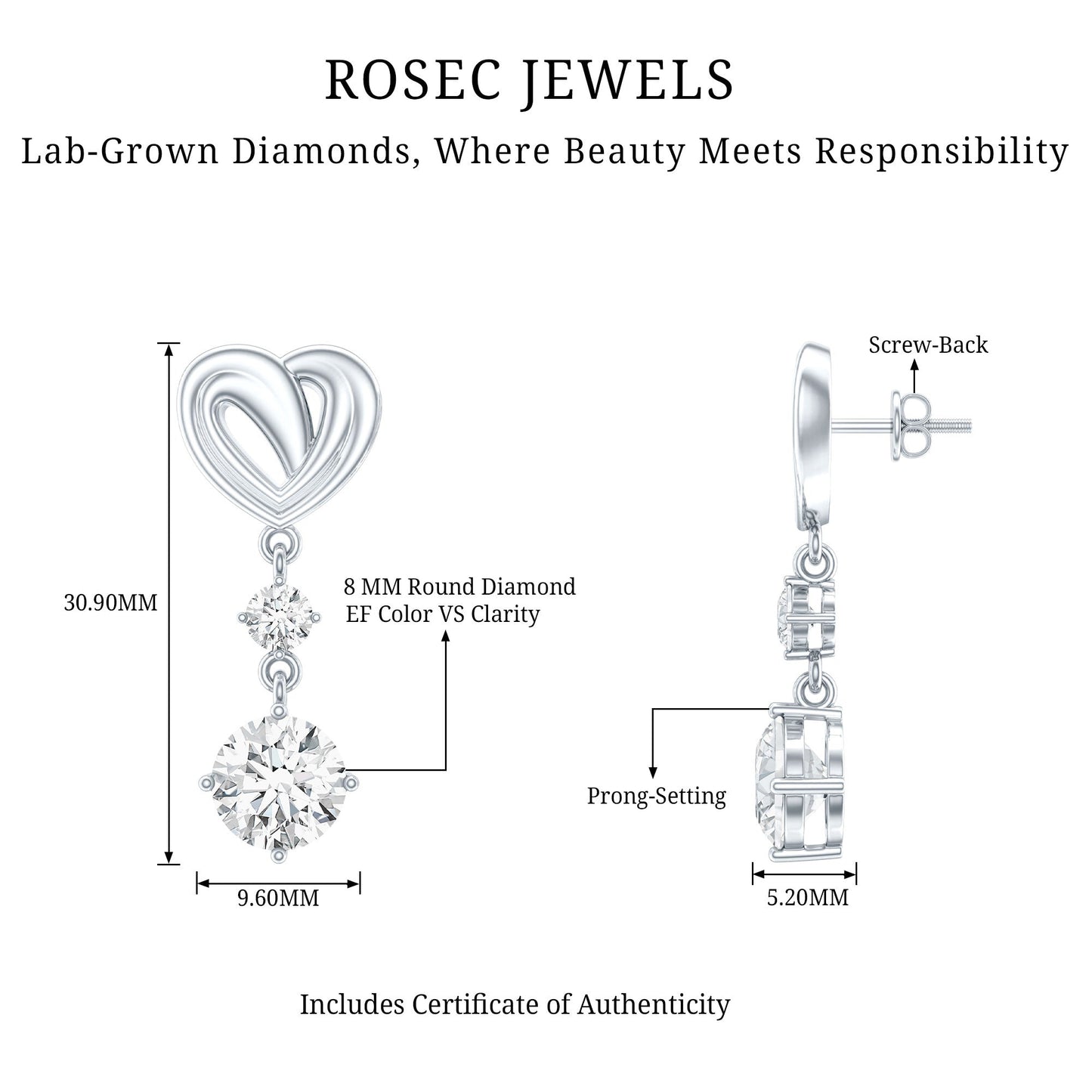 Certified Lab Grown Diamond Heart Dangle Drop Earrings