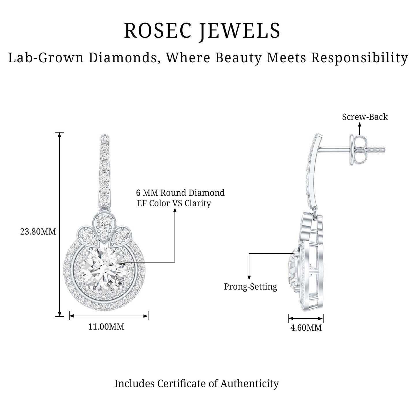 Certified Lab Grown Diamond Bridal Wedding Drop Earrings