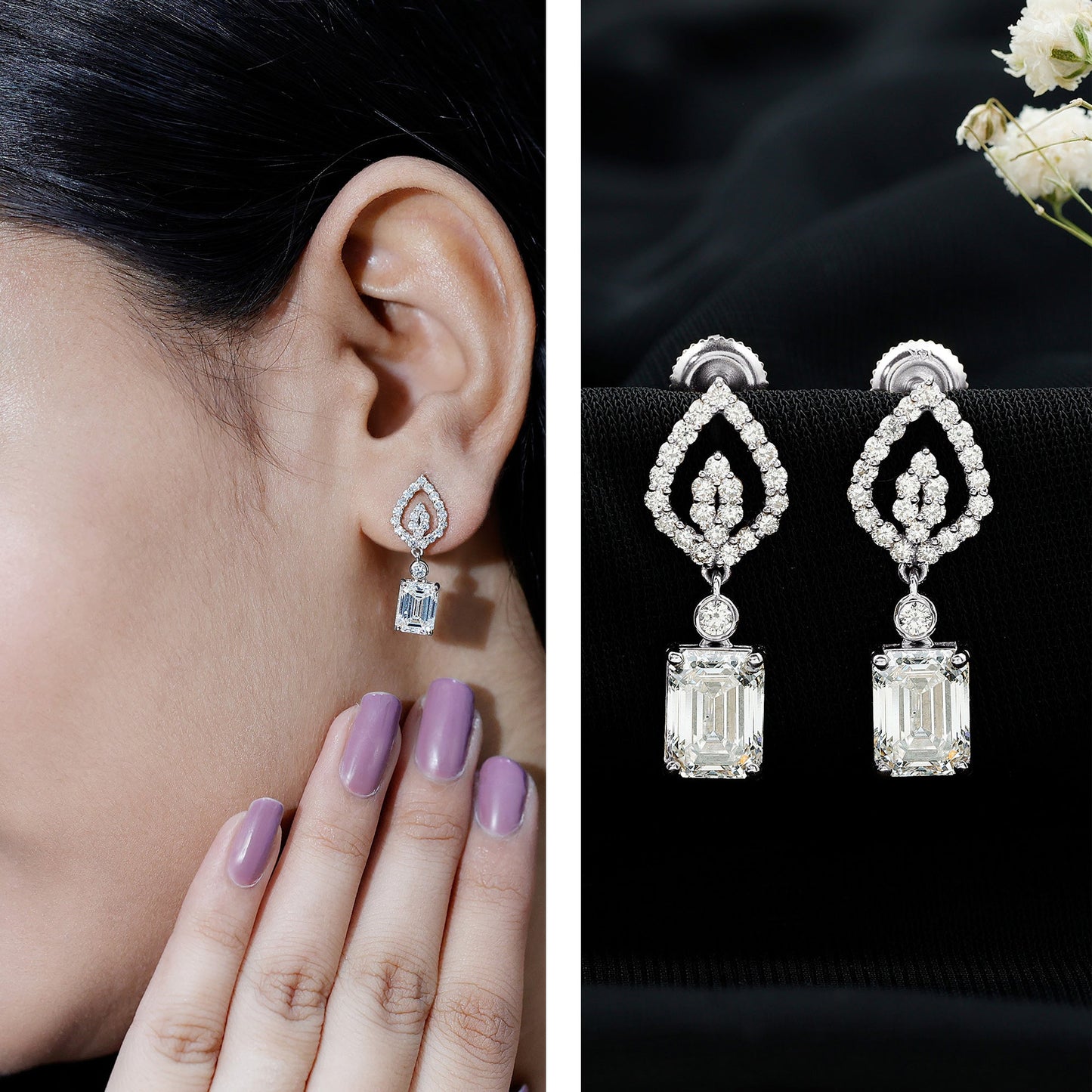Emerald Cut Lab Grown Diamond Art Deco Drop Earrings