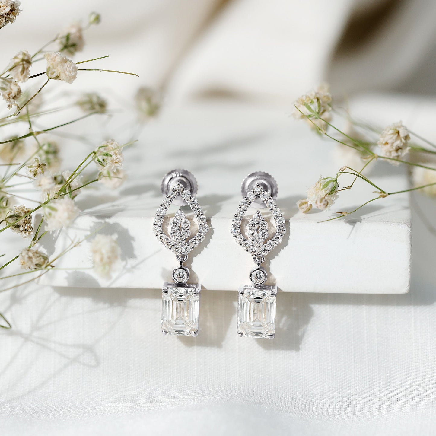 Emerald Cut Lab Grown Diamond Art Deco Drop Earrings