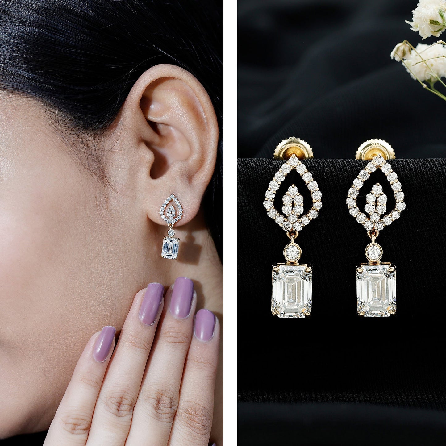 Emerald Cut Lab Grown Diamond Art Deco Drop Earrings