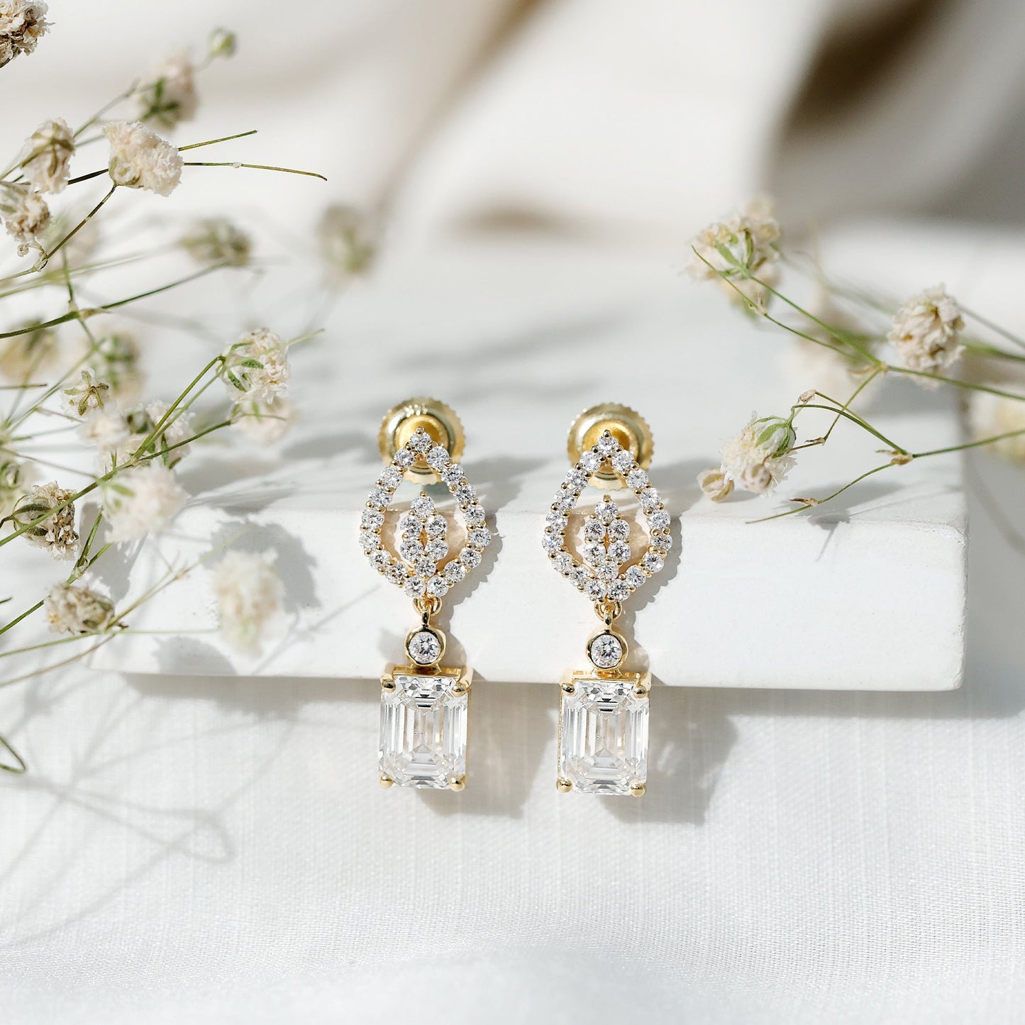 Emerald Cut Lab Grown Diamond Art Deco Drop Earrings