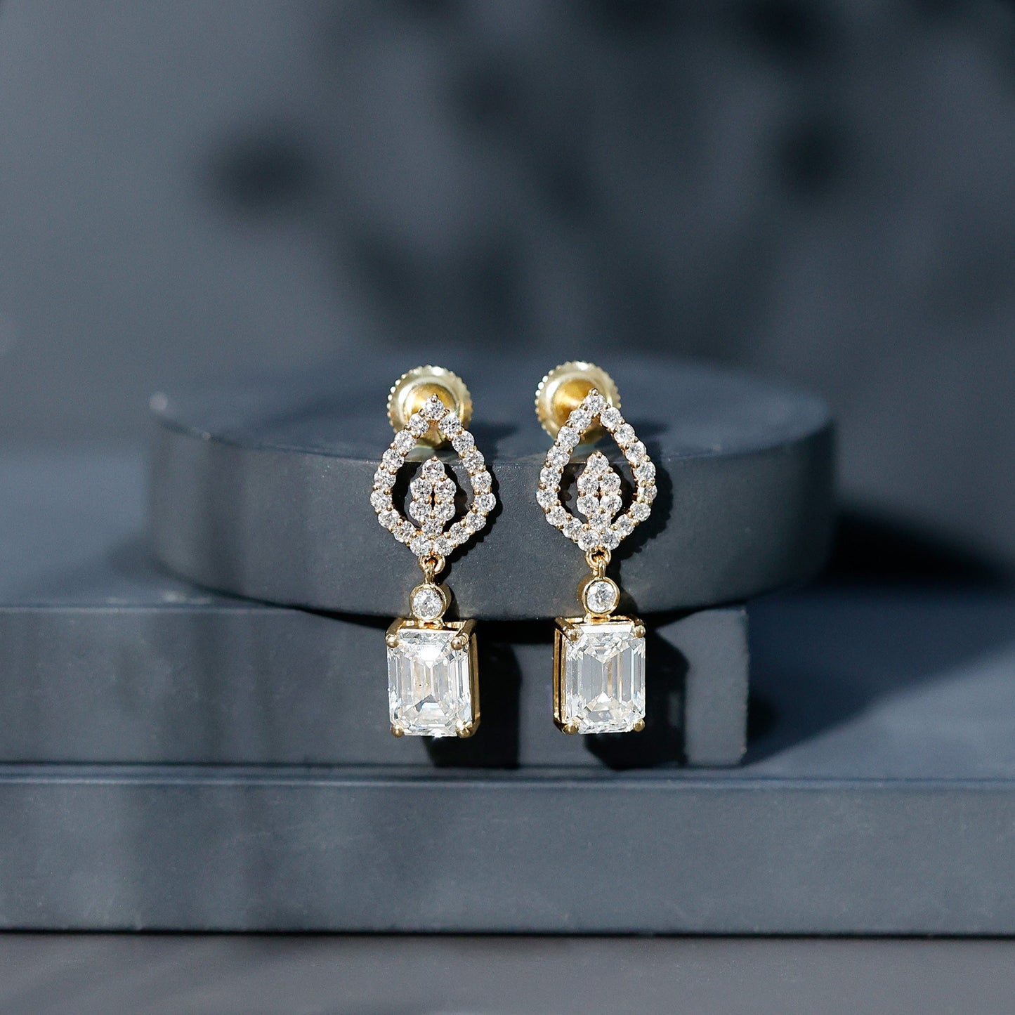 Emerald Cut Lab Grown Diamond Art Deco Drop Earrings
