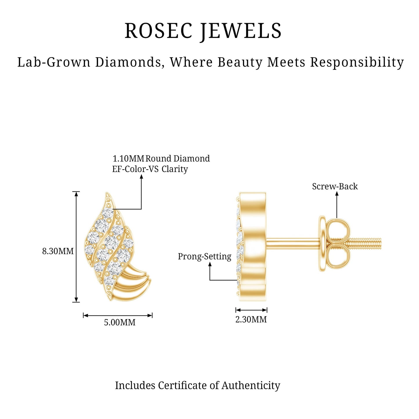 Certified Lab Grown Diamond Leaf Stud Earrings With Screw Back