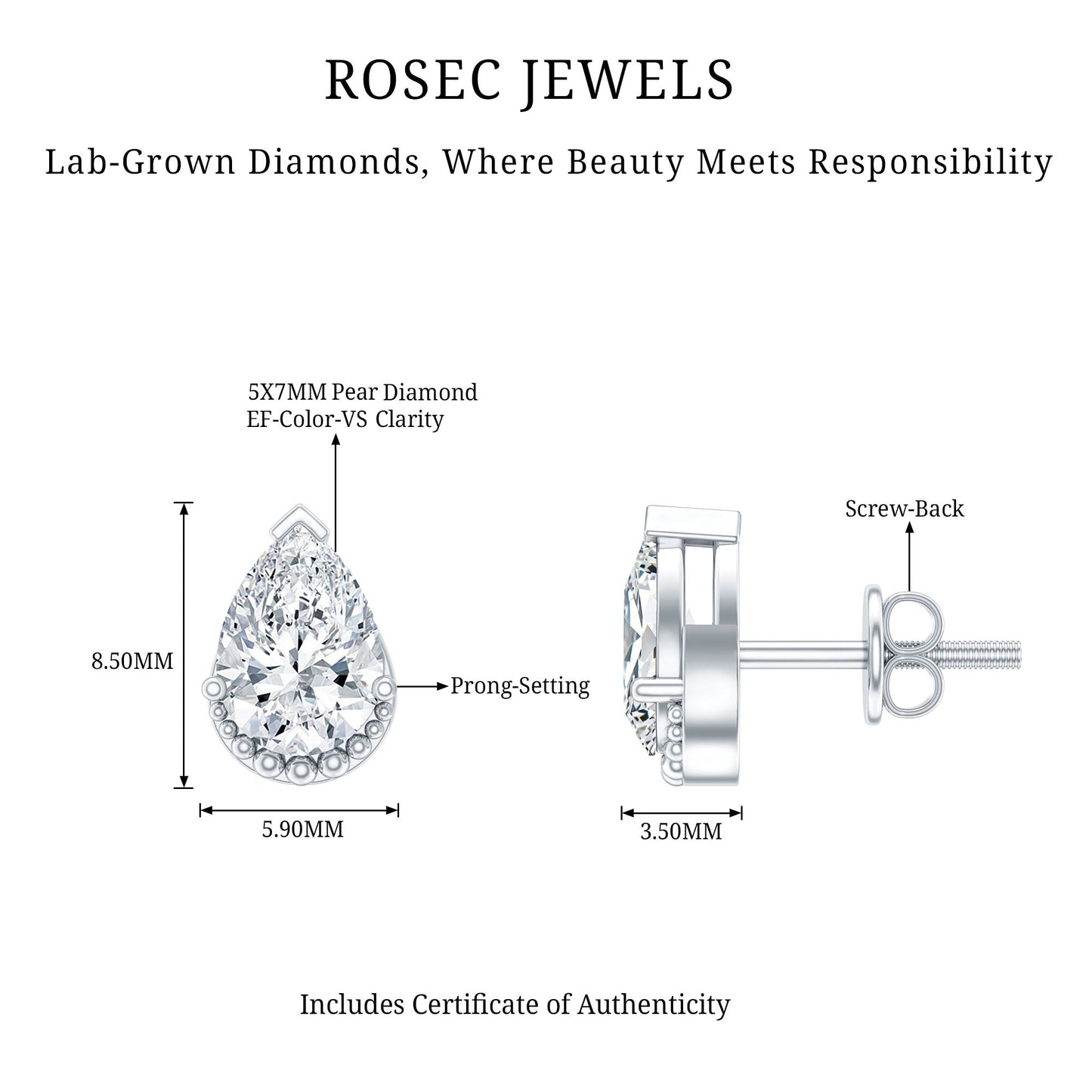Certified Lab 1.3 Carat Pear Diamond Designer Stud Earrings