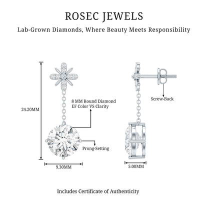 Certified 4 Carat Round Lab Grown Diamond Flower Dangle Earrings