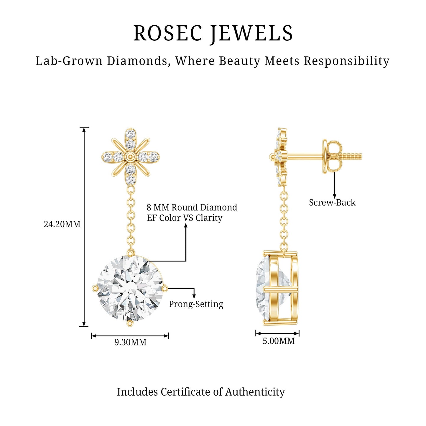 Certified 4 Carat Round Lab Grown Diamond Flower Dangle Earrings