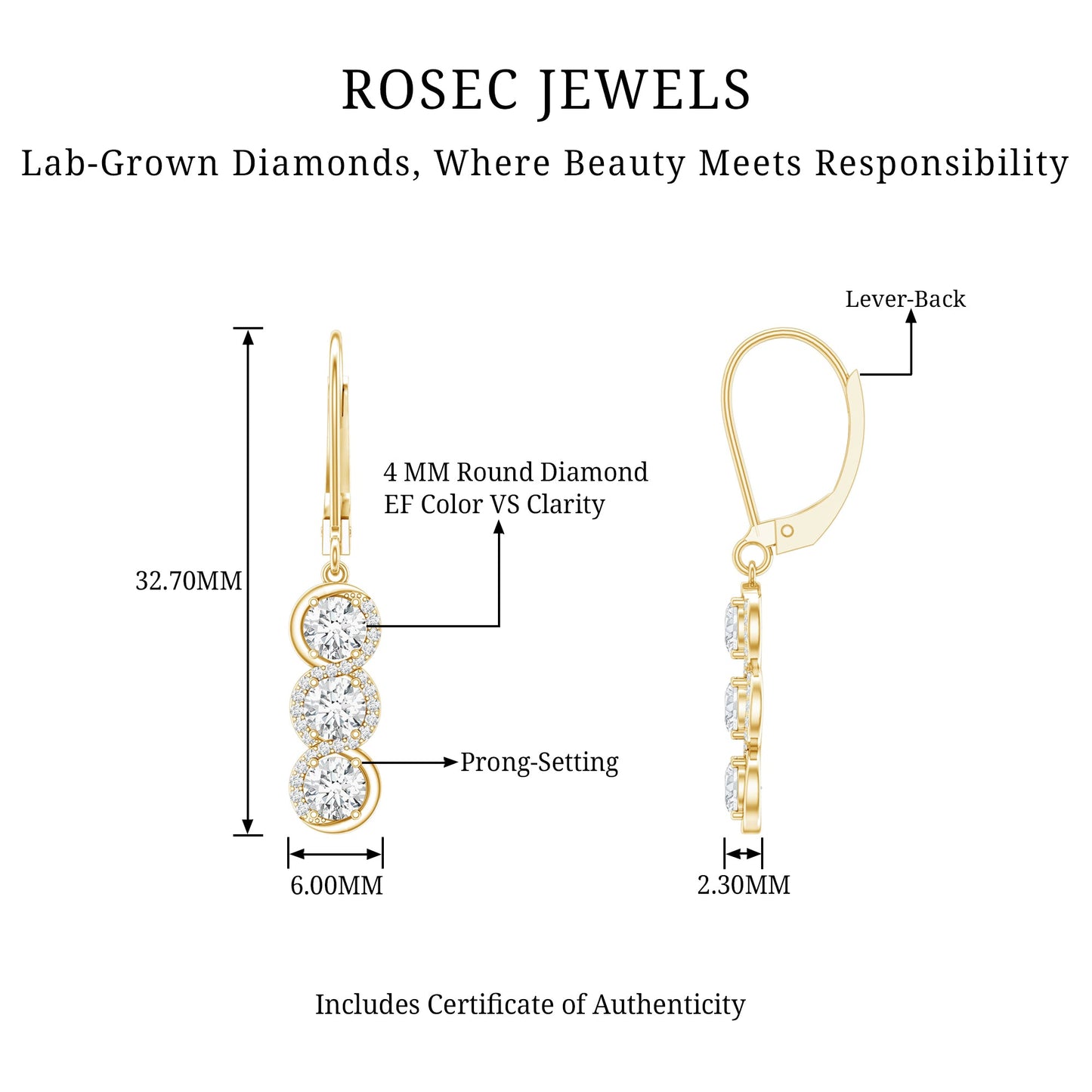 Certified Lab Grown Diamond 3 Stone Dangle Earrings