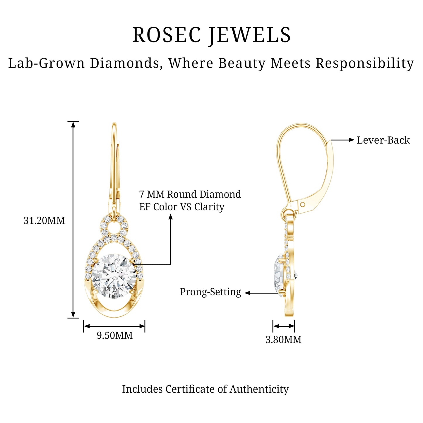 Certified 2.5 Carat Round Lab Grown Diamond Drop Hoop Earrings