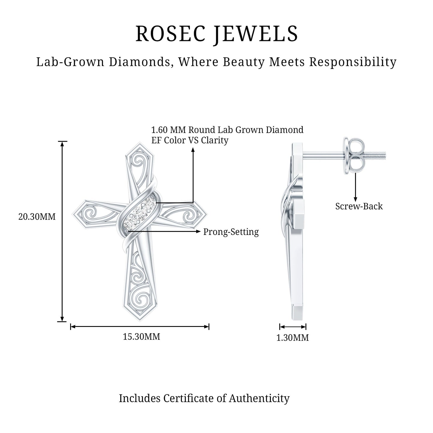 Certified Lab Grown Diamond Cross Art Deco Stud Earrings