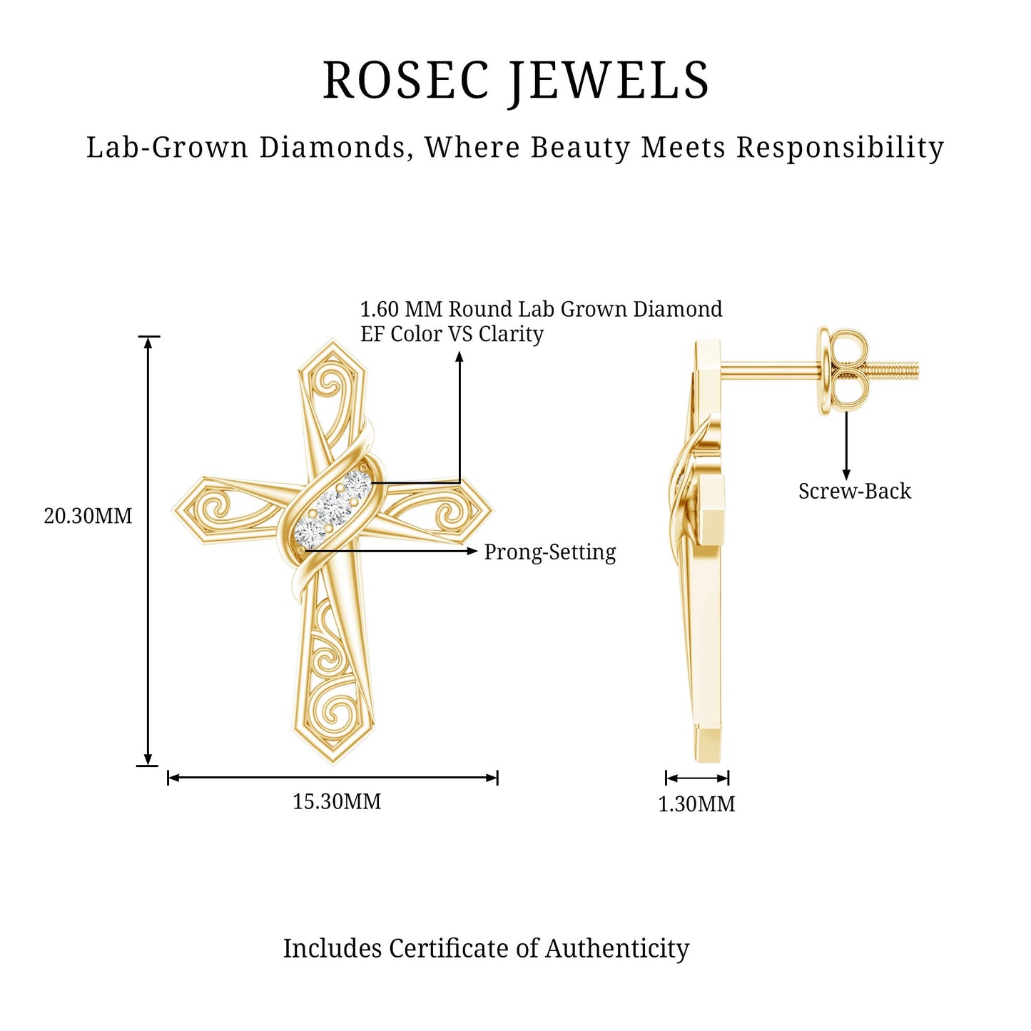 Certified Lab Grown Diamond Cross Art Deco Stud Earrings