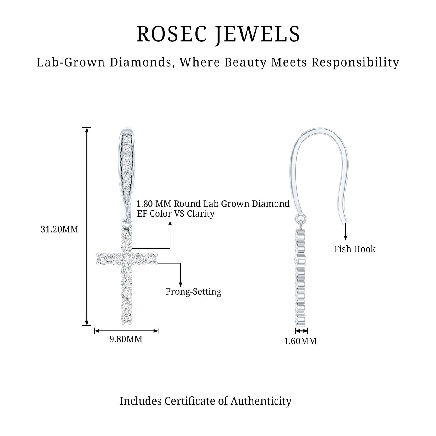 Certified Lab Grown Diamond Cross Fish Hook Earrings