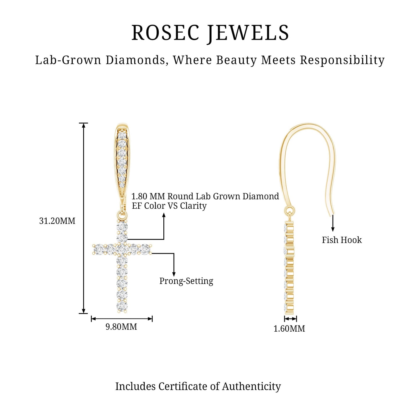 Certified Lab Grown Diamond Cross Fish Hook Earrings