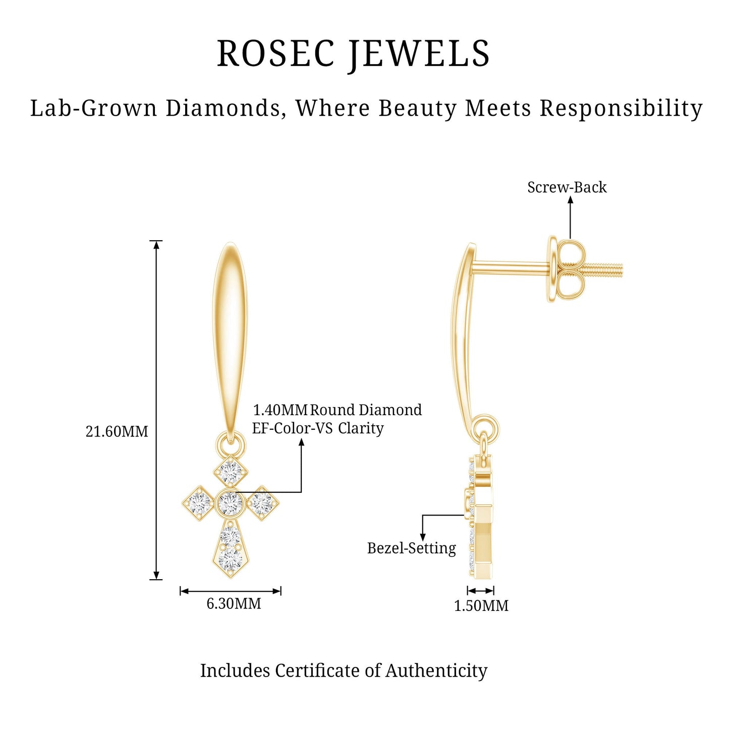 Lab Grown Diamond Cross Drop Earrings With Screw Back