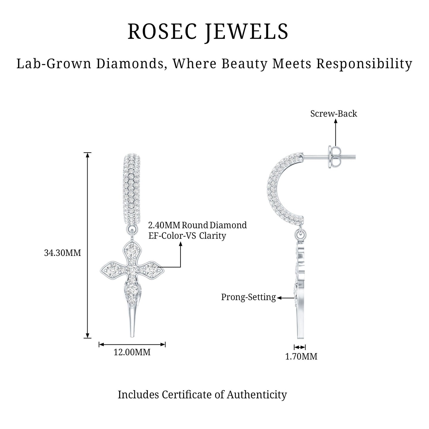 Lab Grown Diamond Designer Cross Earrings With Screw Back