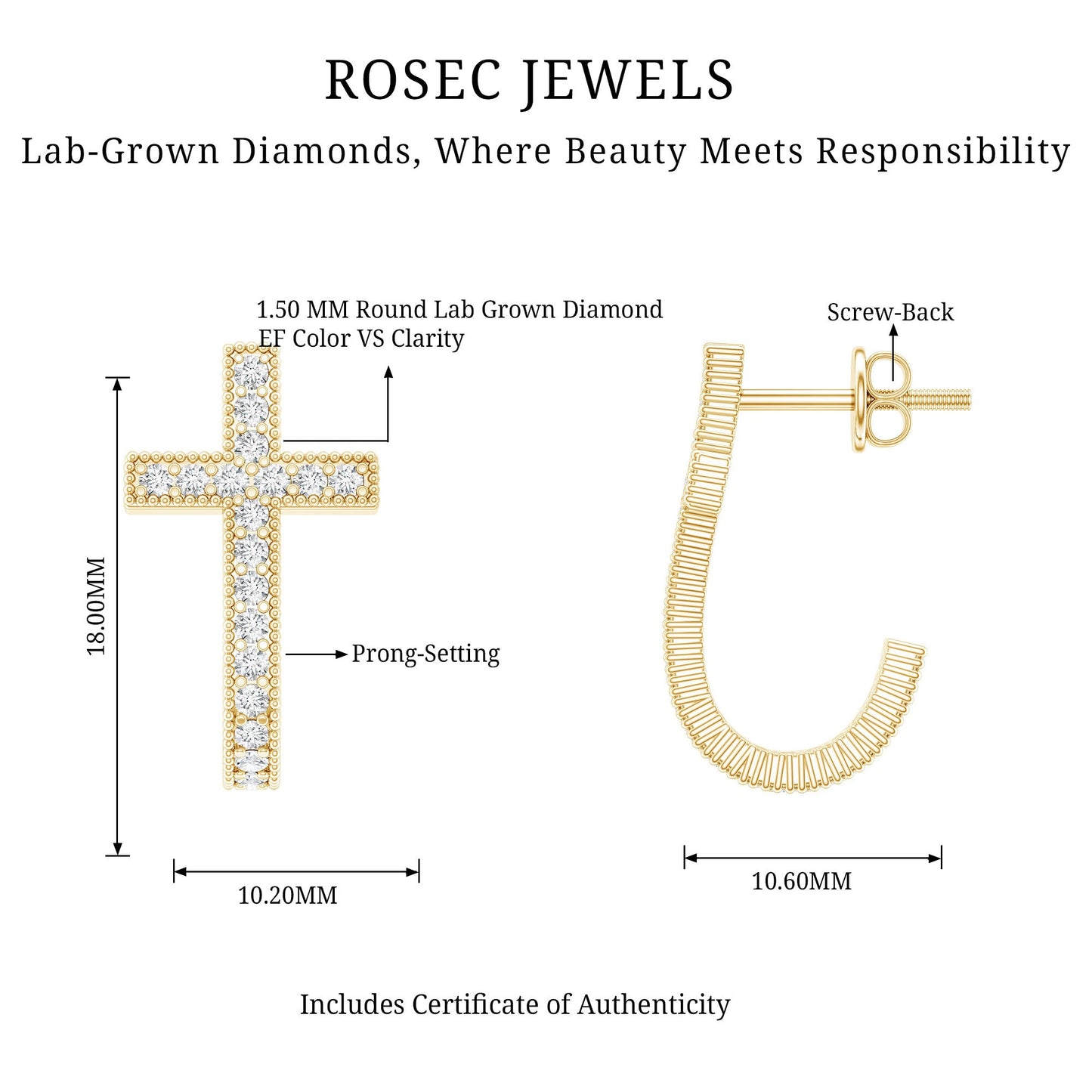 Lab Grown Diamond Religious Cross Earrings with Screw back