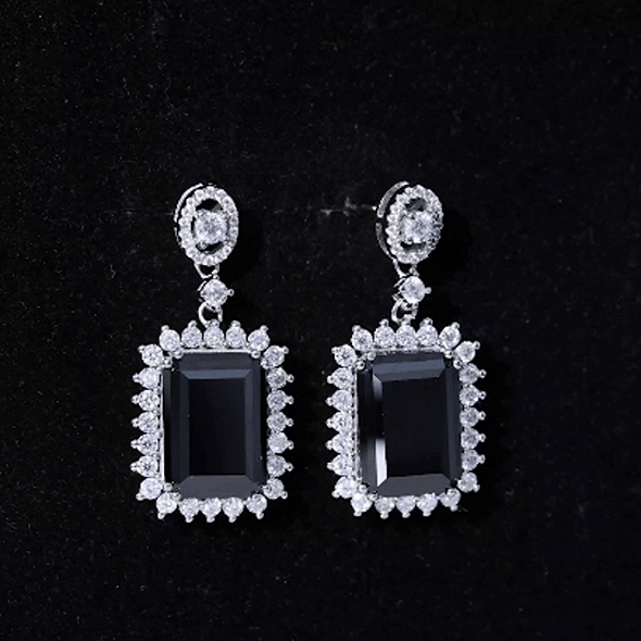 18 Carat Emerald Cut Lab Grown Black Diamond Statement Earrings in Silver