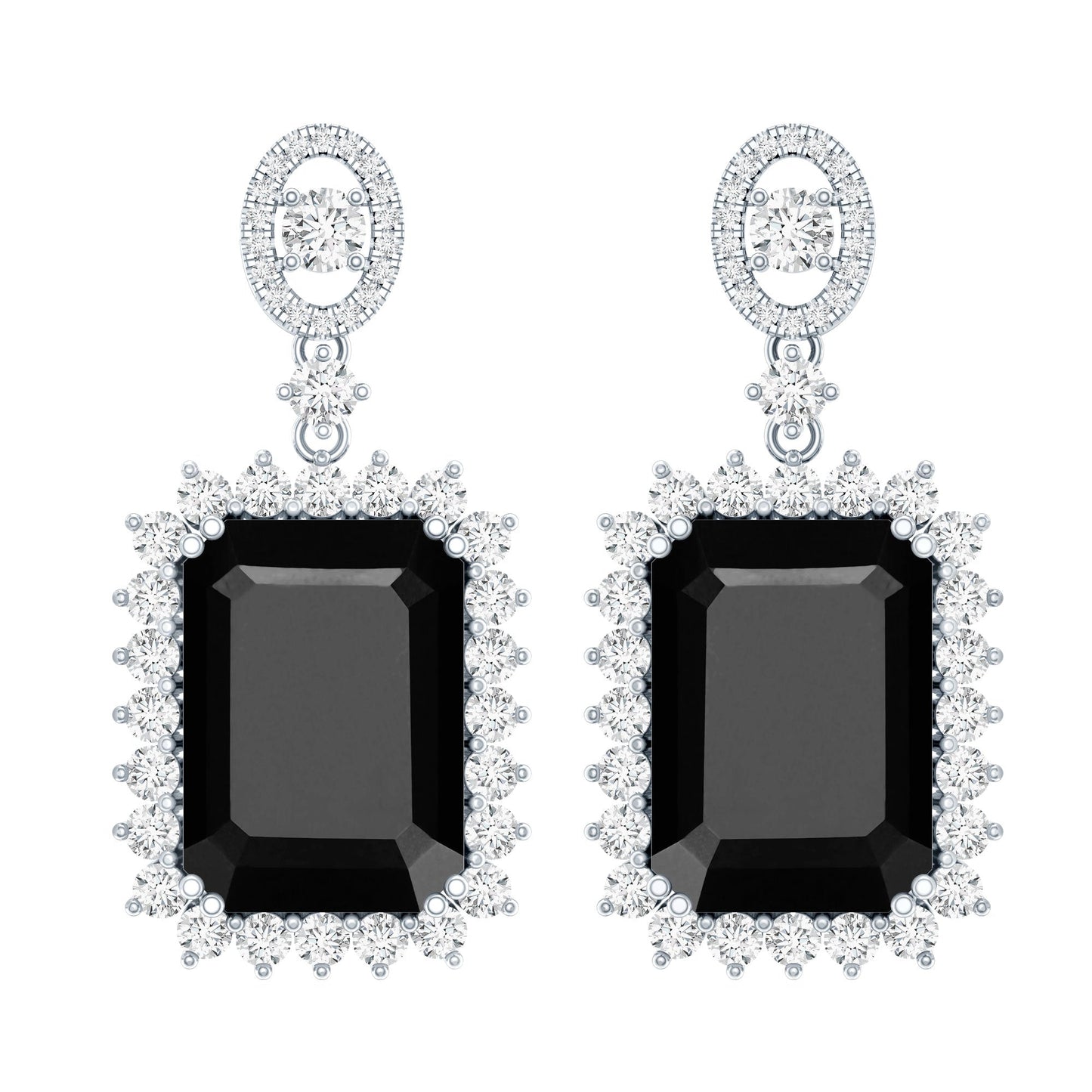 18 Carat Emerald Cut Lab Grown Black Diamond Statement Earrings in Silver