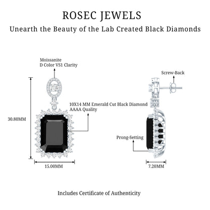 18 Carat Emerald Cut Lab Grown Black Diamond Statement Earrings in Silver