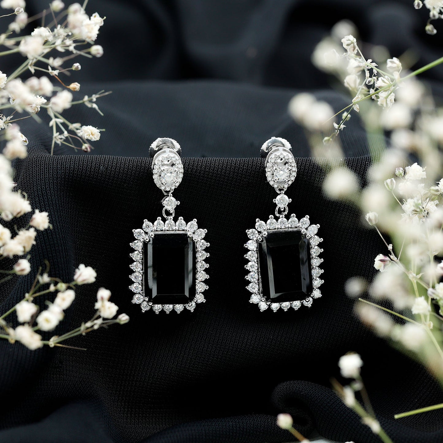 18 Carat Emerald Cut Lab Grown Black Diamond Statement Earrings in Silver