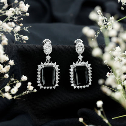 18 Carat Emerald Cut Lab Grown Black Diamond Statement Earrings in Silver