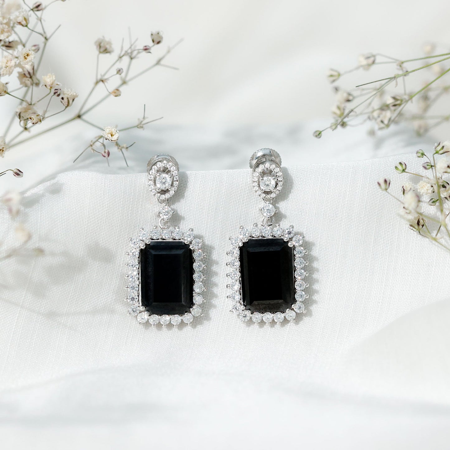 18 Carat Emerald Cut Lab Grown Black Diamond Statement Earrings in Silver