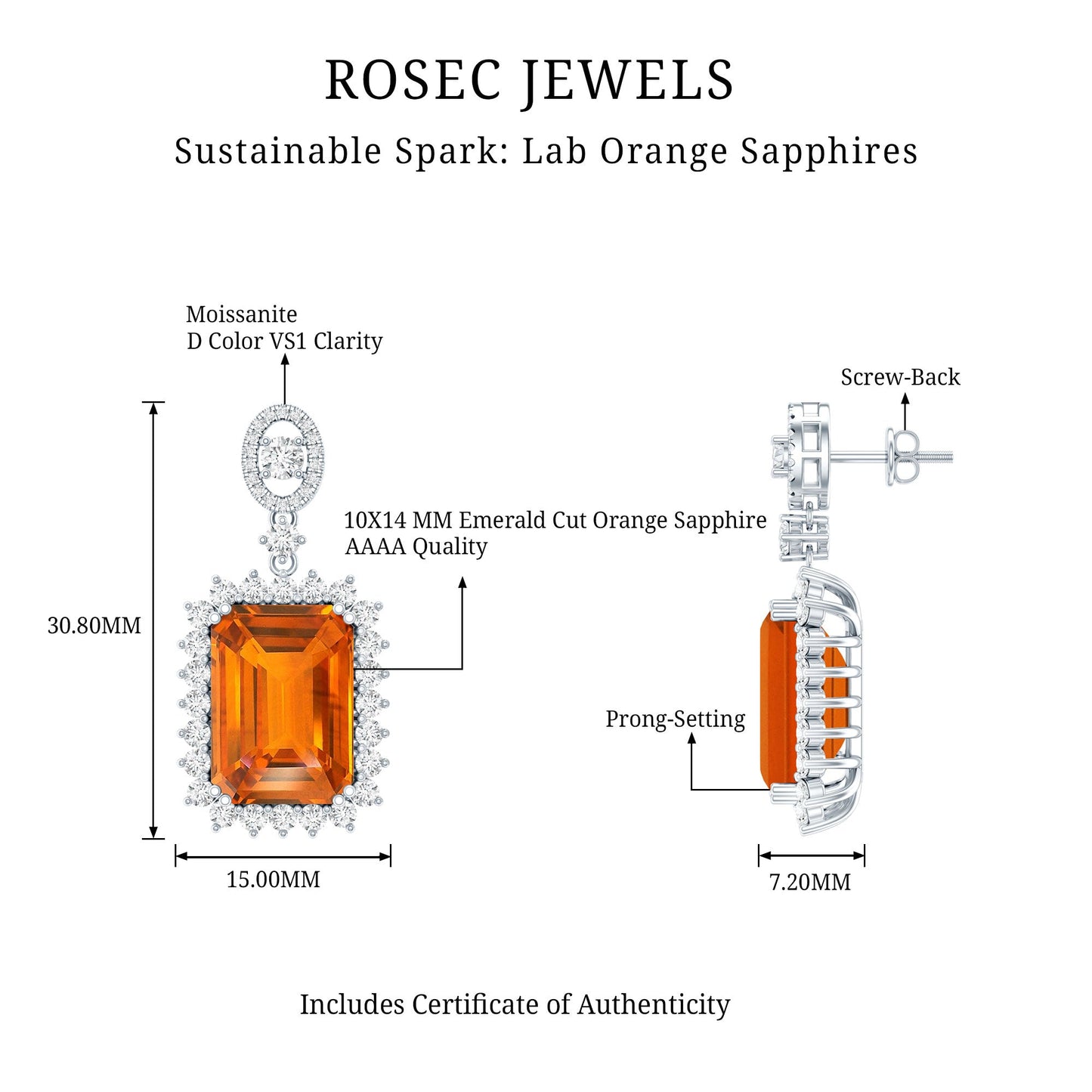 Certified 18 Carat Lab Grown Orange Sapphire Statement Earrings in Silver