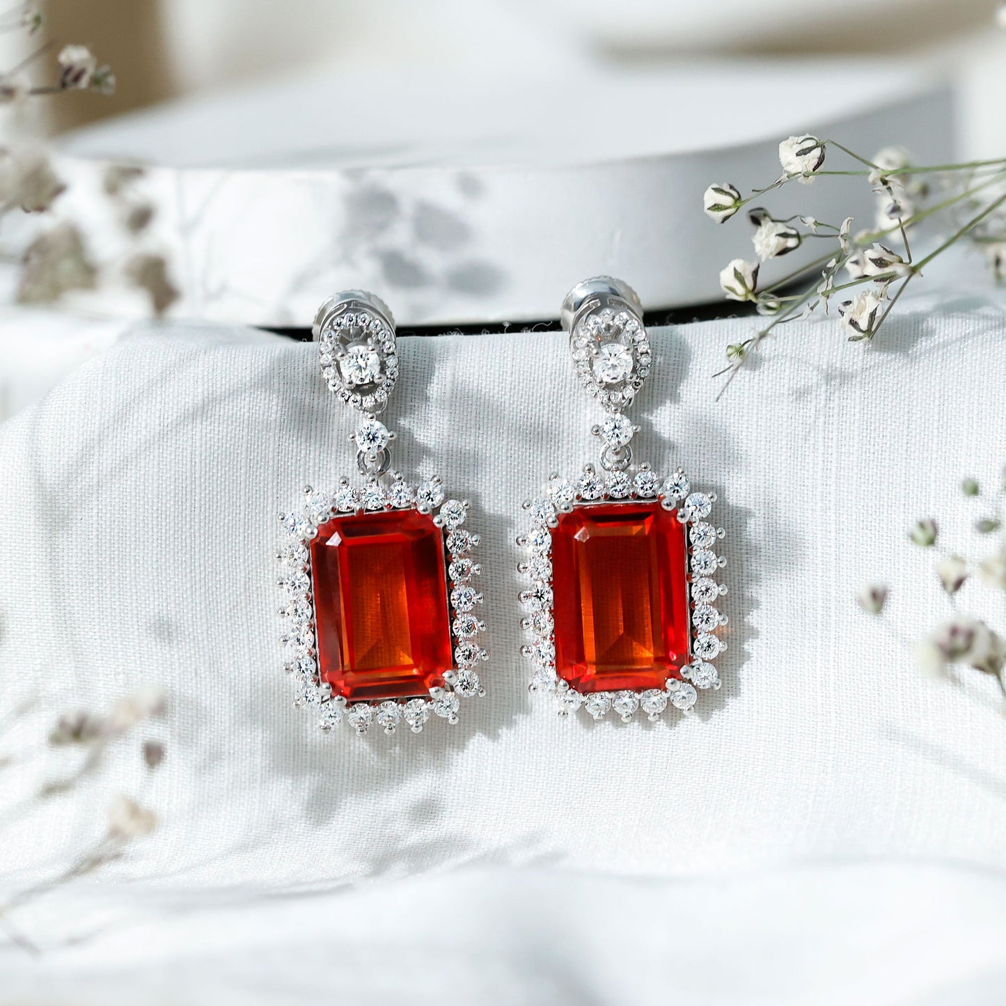 Certified 18 Carat Lab Grown Orange Sapphire Statement Earrings in Silver