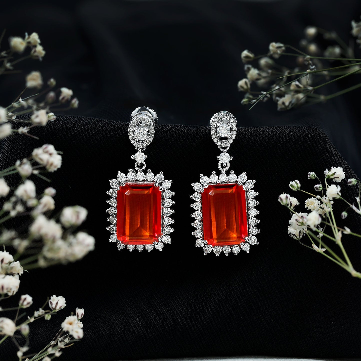 Certified 18 Carat Lab Grown Orange Sapphire Statement Earrings in Silver