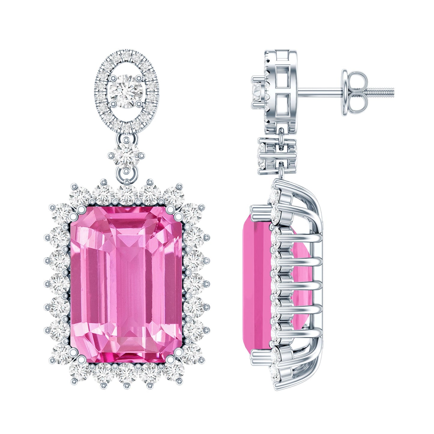 18 Carat Emerald Cut Lab Grown Pink Sapphire Statement Earrings for Wedding