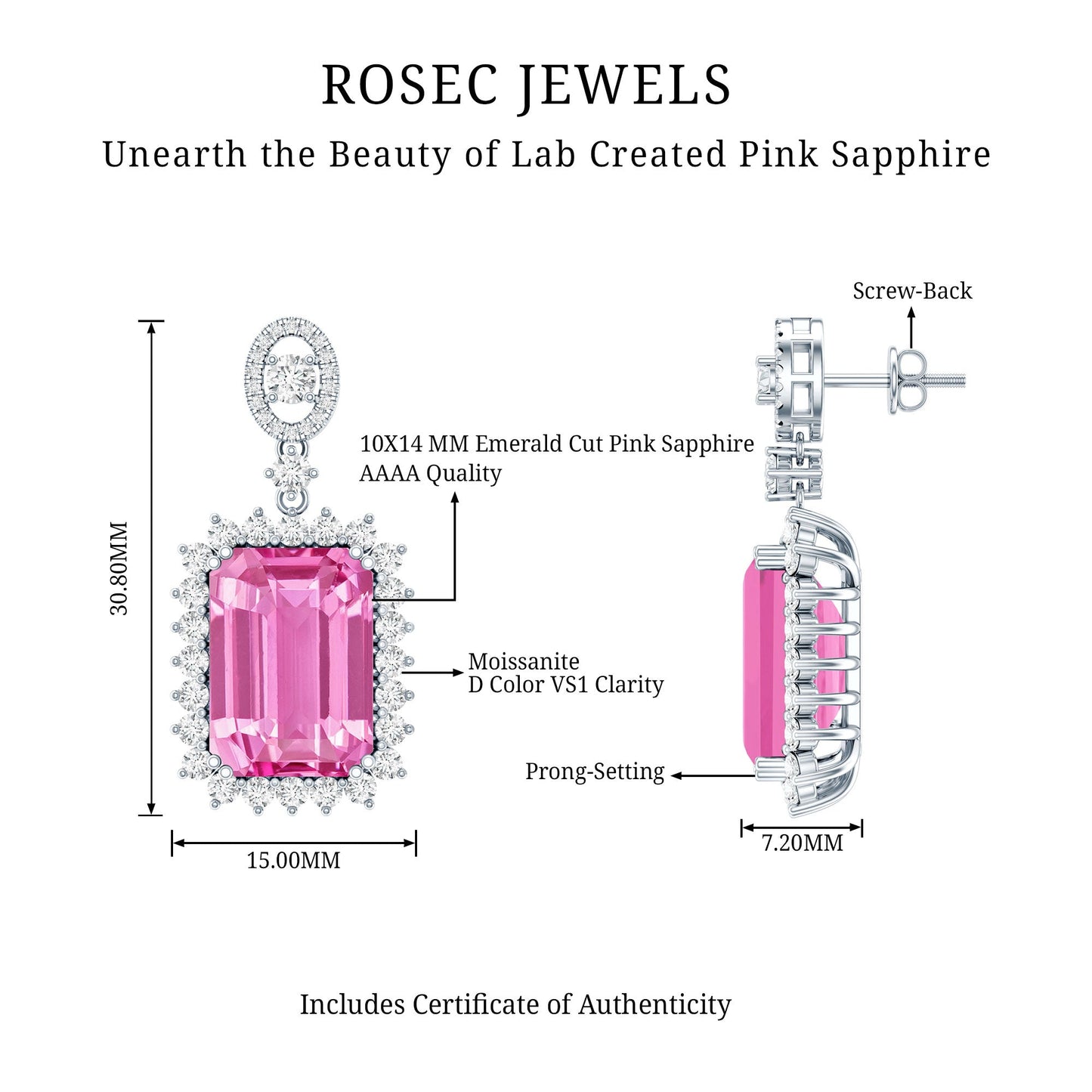 18 Carat Emerald Cut Lab Grown Pink Sapphire Statement Earrings for Wedding