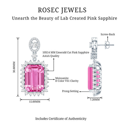 18 Carat Emerald Cut Lab Grown Pink Sapphire Statement Earrings for Wedding