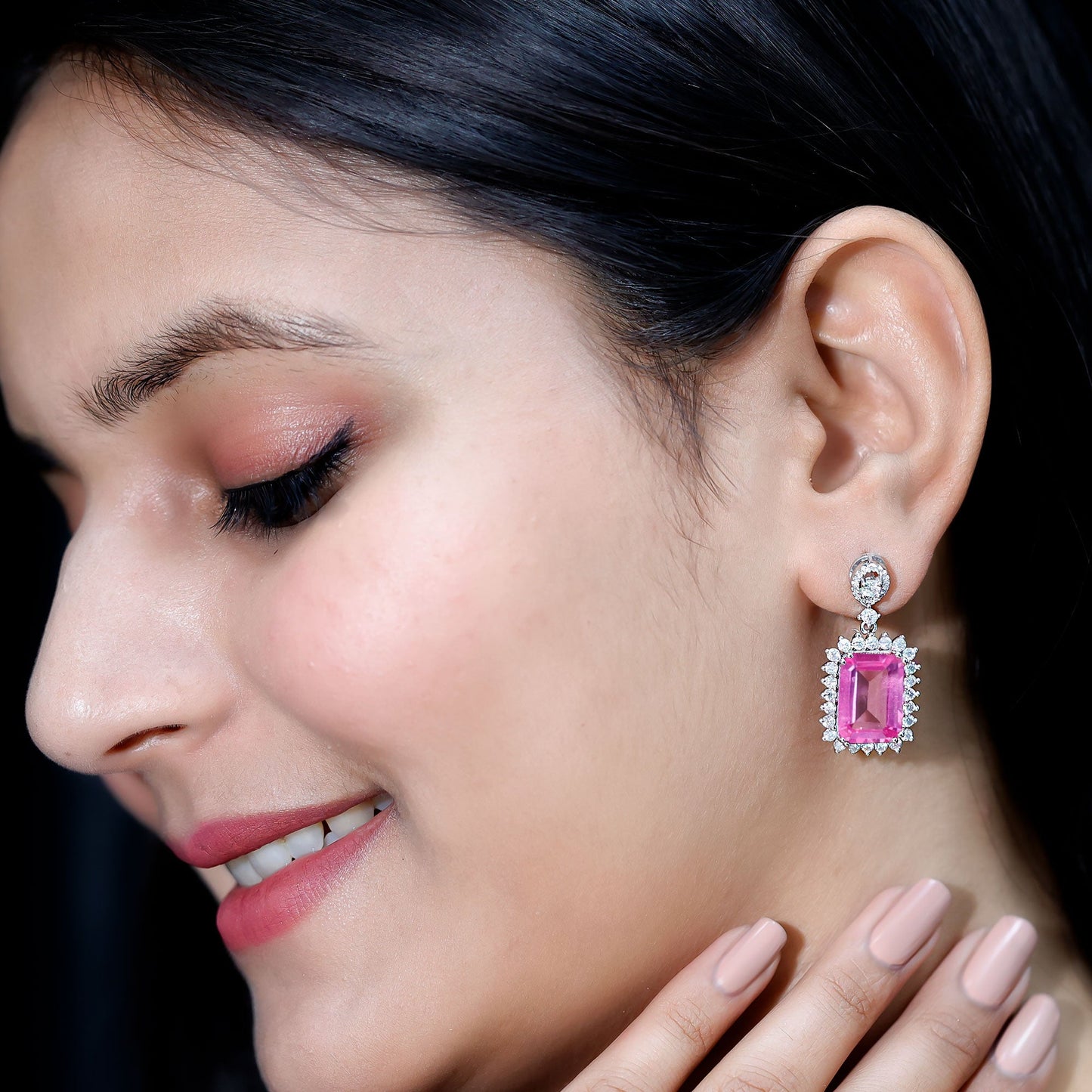 18 Carat Emerald Cut Lab Grown Pink Sapphire Statement Earrings for Wedding