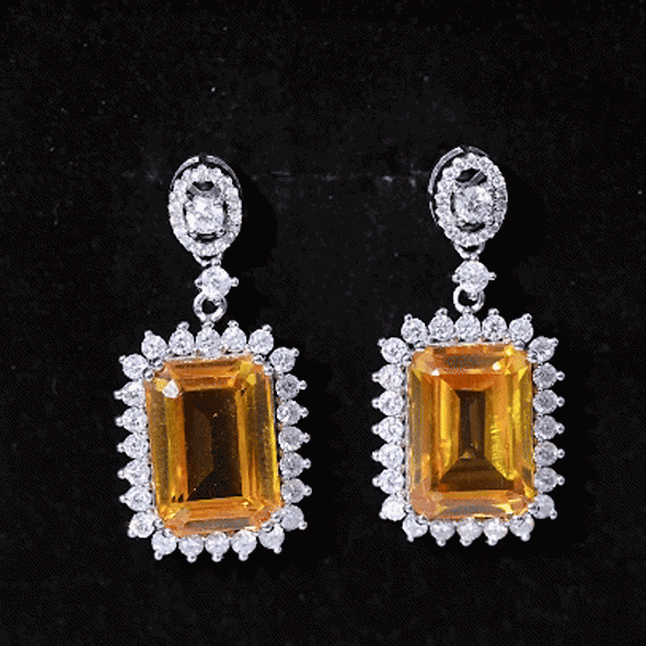 AAAA Quality 18 Carat Lab Grown Yellow Sapphire Emerald Cut Earrings in Silver
