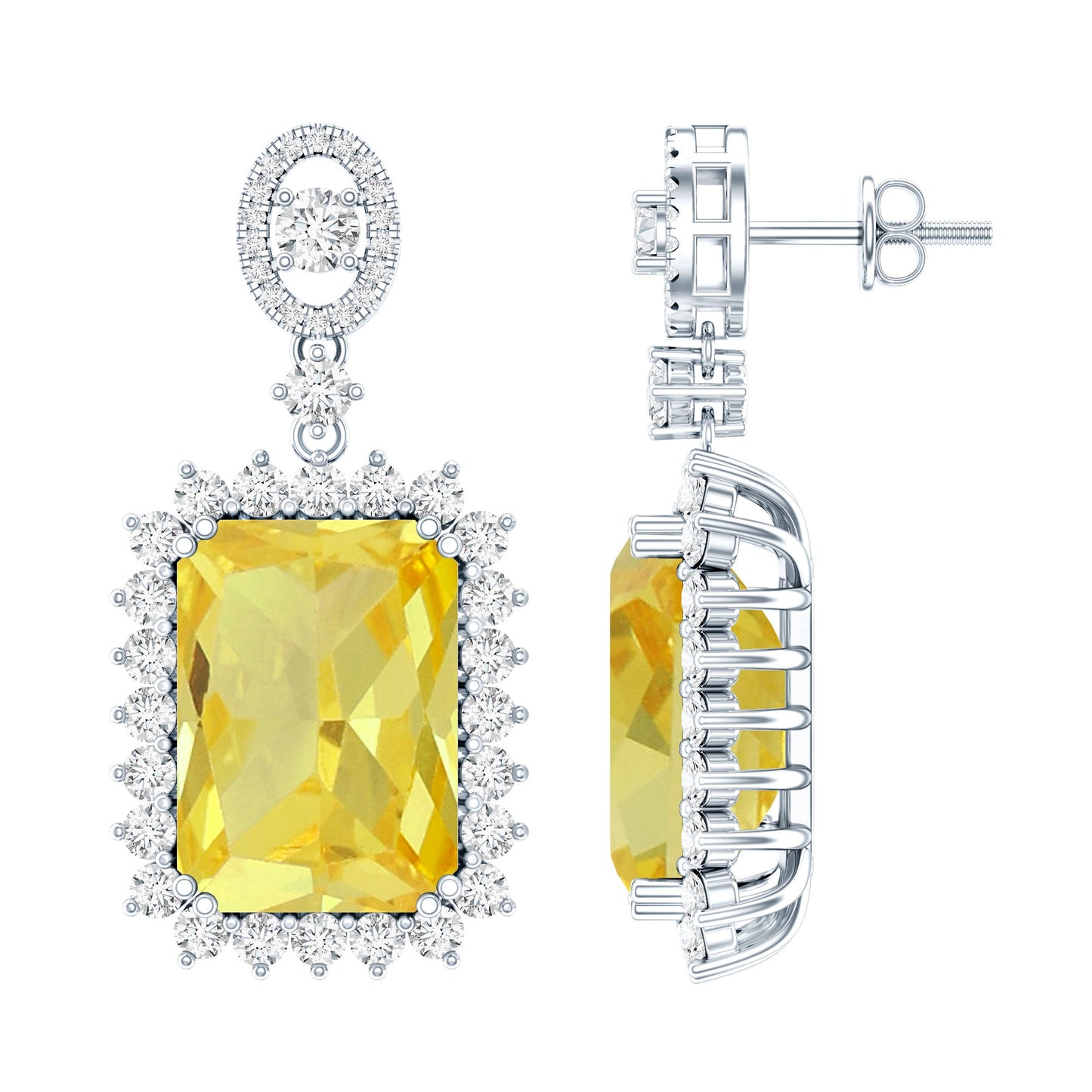AAAA Quality 18 Carat Lab Grown Yellow Sapphire Emerald Cut Earrings in Silver
