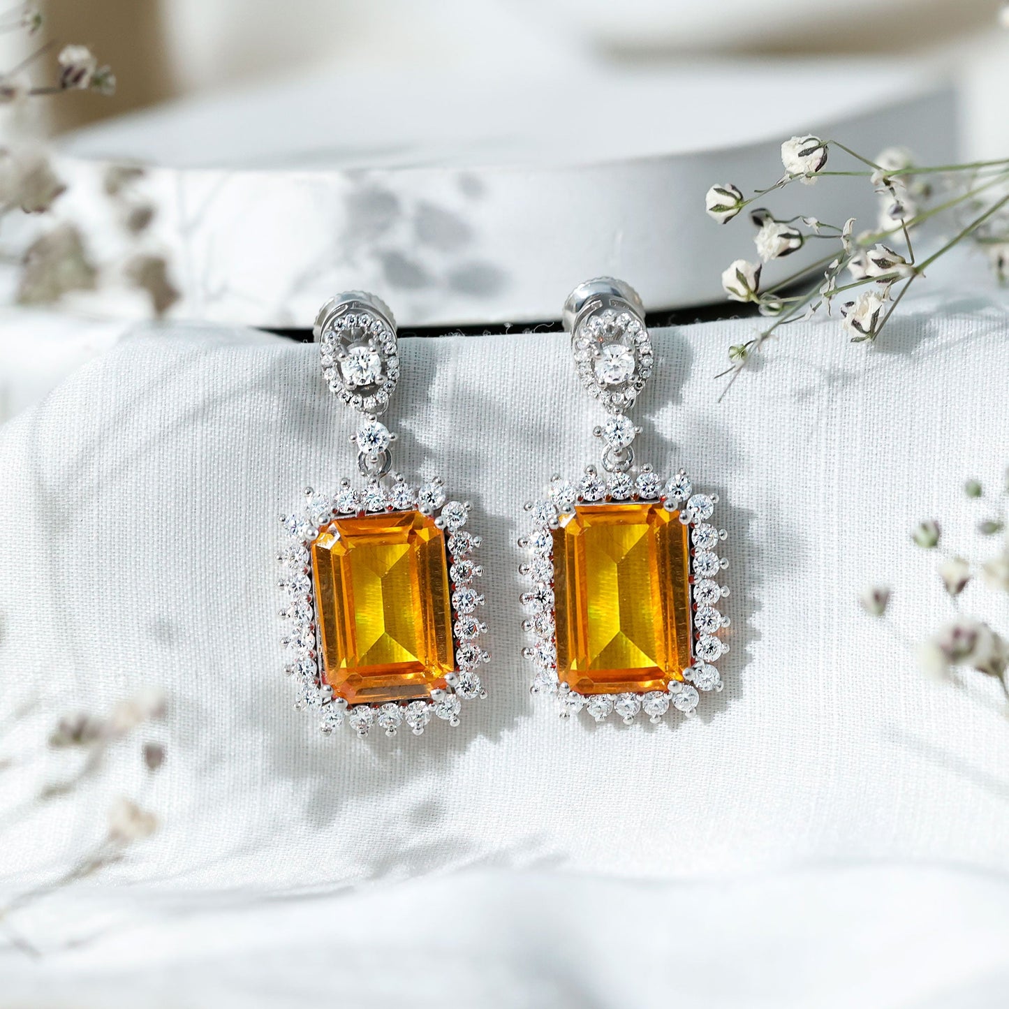 AAAA Quality 18 Carat Lab Grown Yellow Sapphire Emerald Cut Earrings in Silver